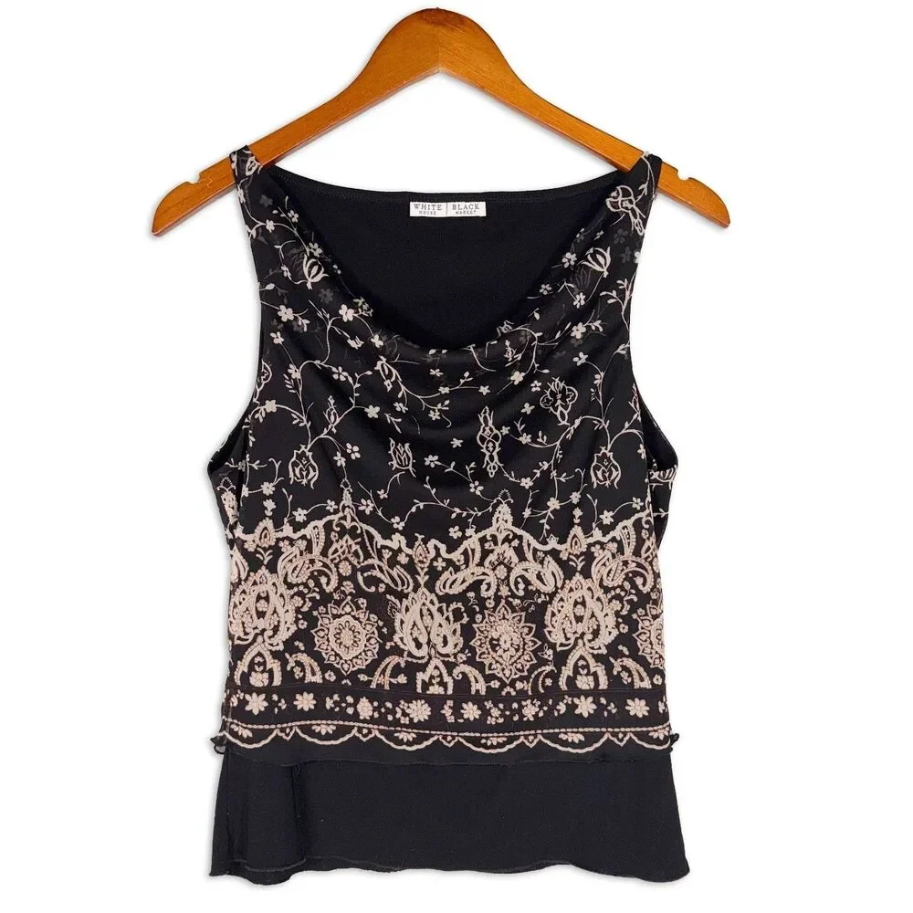 Y2K White House Black Market Cowl Neck Top Blouse Tank Black Mesh Floral - Picture 1 of 7